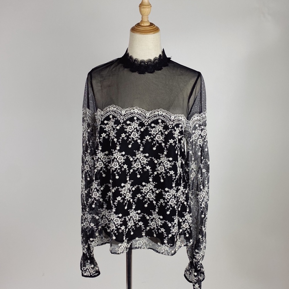 INTERMIX Amira Lace Mesh Black White Long Sleeve Blouse Womens Medium